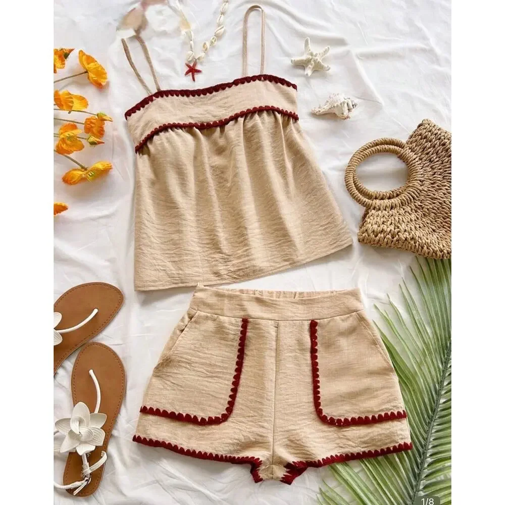Boutique Khaki Linen Blend Tank Shorts Set Wine Trim Scallop Size M 6 Two Piece